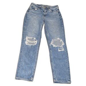 American Eagle Mom Jean Strigid Distressed Blue Denim Women's Size 2 Long